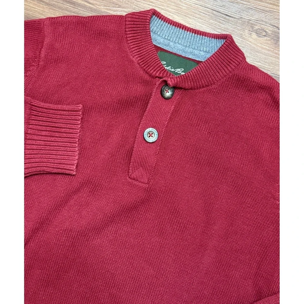 VTG Eddie Bauer Mens Red 100% Cotton Chunky Henley Knit Pullover Sweater Size M